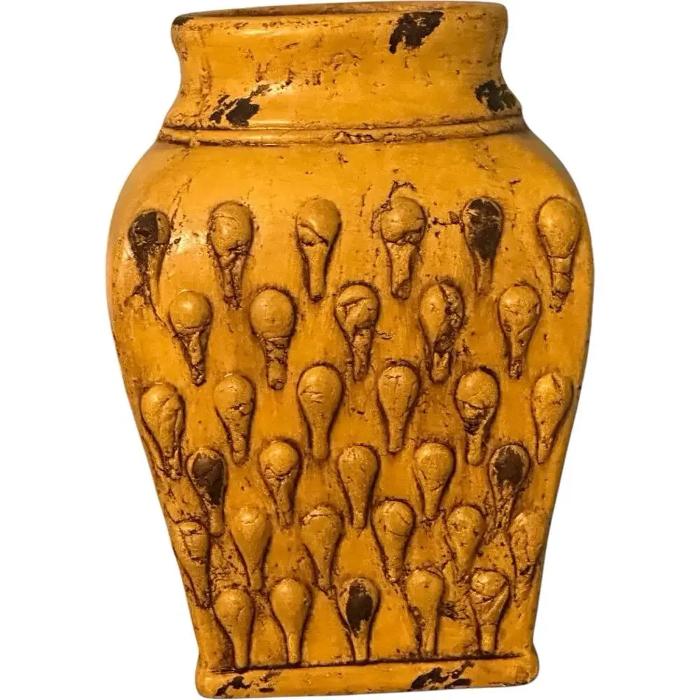 Mid Century Italian Yellow-Gold Distressed Ceramic Pottery 14” Tall Vase Rustic